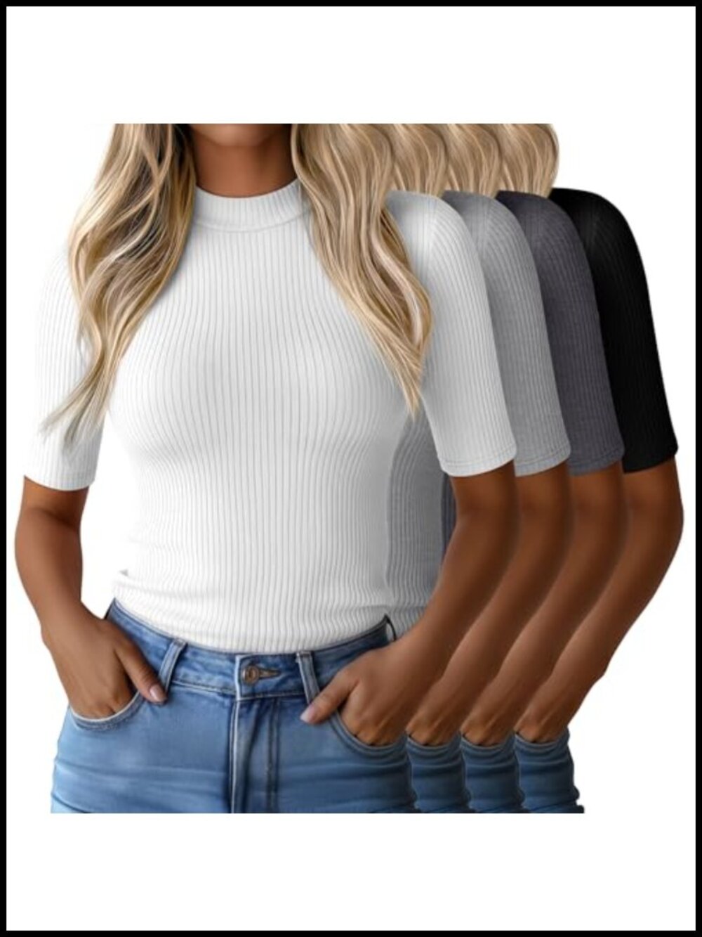 4 Pack Womens Mock Turtleneck Half Sleeve Shirts Ribbed Stretch Pullover Tees